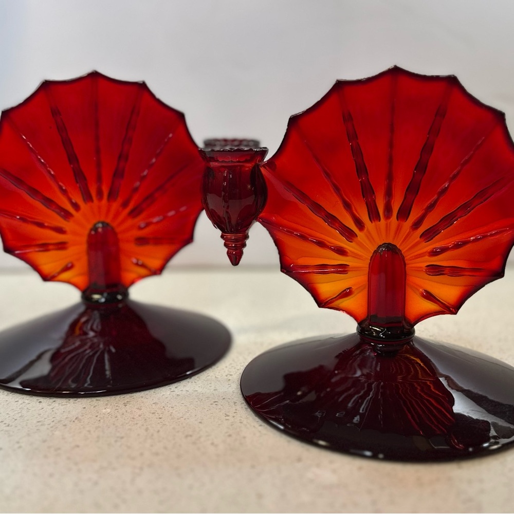 Rare Pair of 1930s Art Nouveau New Martinsville Ruby Red Radiance Candle Holders